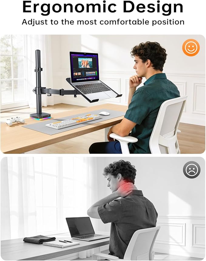 RGB Monitor and Laptop Mount Stand with 3 USB Ports, Charging and USB Data Transfer, Adjustable laptop stand for 13" to 32" Screen and 11"-17” Laptop, Holds 18lbs/Arm, 75x75/100x100 VESA, C-Clamp