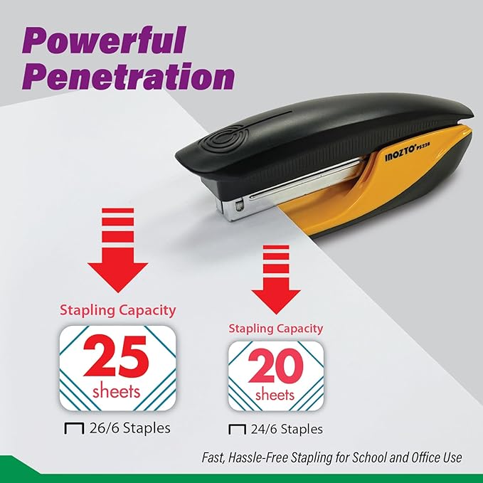 INOZTO Ergonomic Stapler, 20 Sheet Capacity & 100 Staples Storage, with Staple Remover & Non-Slip Base, for Office, School, Home Use, Custom Logo & Colors
