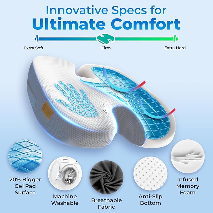 TOP COMFORT Seat Cushion, BodySync™ Technology with Non-Slip Gel & Memory Foam for Tailbone, Sciatica & Back Pain Relief, Office Chair Cushion, Car Seat Cushions for Driving (Light Grey)