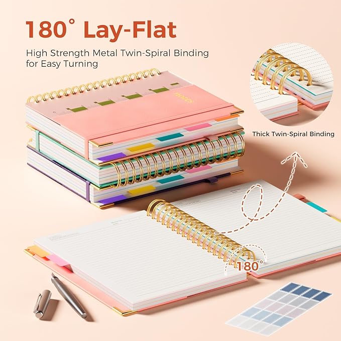 XYark Line Hardcover Spiral Notebook with Removable Dividers Tabs & Ruler, 5 Subject Notebook College Ruled, 300 Page, Large 8"x10" B5 Notebooks for Work School, Lined Journal for Women & Men, Pink