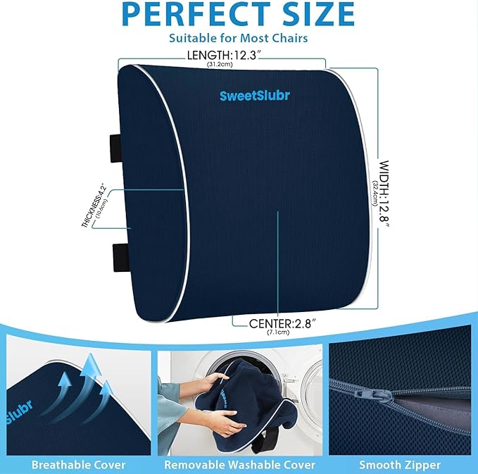 SweetSlubr Lumbar Support Pillow for Office Chair, Car Seats and Home Desks, Ergonomic Back Support with Double Adjustable Straps, Machine Washable Cover, Gray