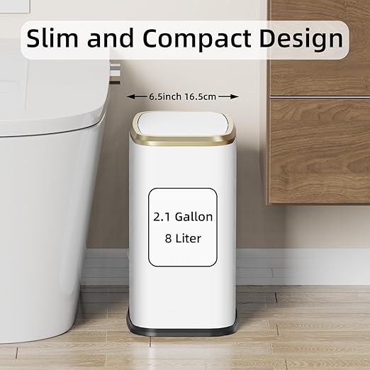 KHMMGK 8L/2.1 Gallon Small Bathroom Trash Can with Lid, Swing-Top Rectangular Waste Bin, Stainless Steel Garbage Can for Home, Office, Toilet, Bedroom, Living-Room (White)