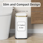 KHMMGK 8L/2.1 Gallon Small Bathroom Trash Can with Lid, Swing-Top Rectangular Waste Bin, Stainless Steel Garbage Can for Home, Office, Toilet, Bedroom, Living-Room (White)