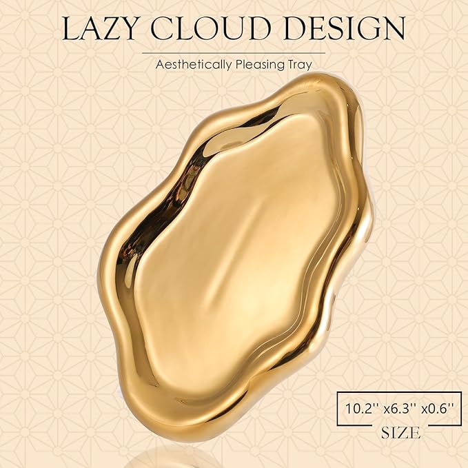 CCINPPY Ceramic Jewelry Tray Trinket Dish, Decorative Cloud Vanity Key Tray for Women, Ring Holder Dish, Cute Jewelry Plate Bowl Room Decor Aesthetic, Gold, Large