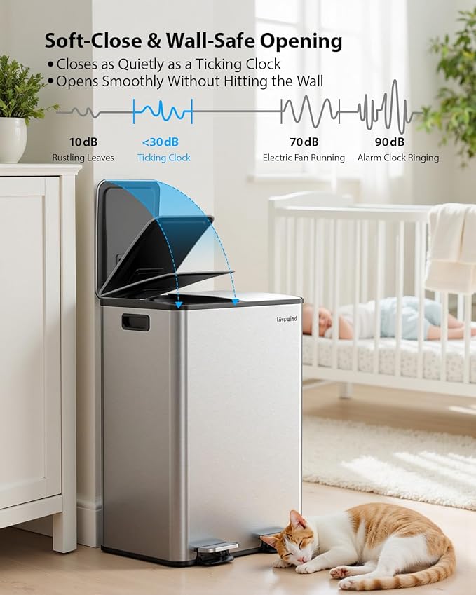 Lovewind Kitchen Trash Can, 2 x 8 Gallon (2 x 30 L) Stainless Steel Trash and Recycle Bin Combo with Soft-Close Lid, Dual Compartment Recycling Kitchen Step Trash Bin, Silver