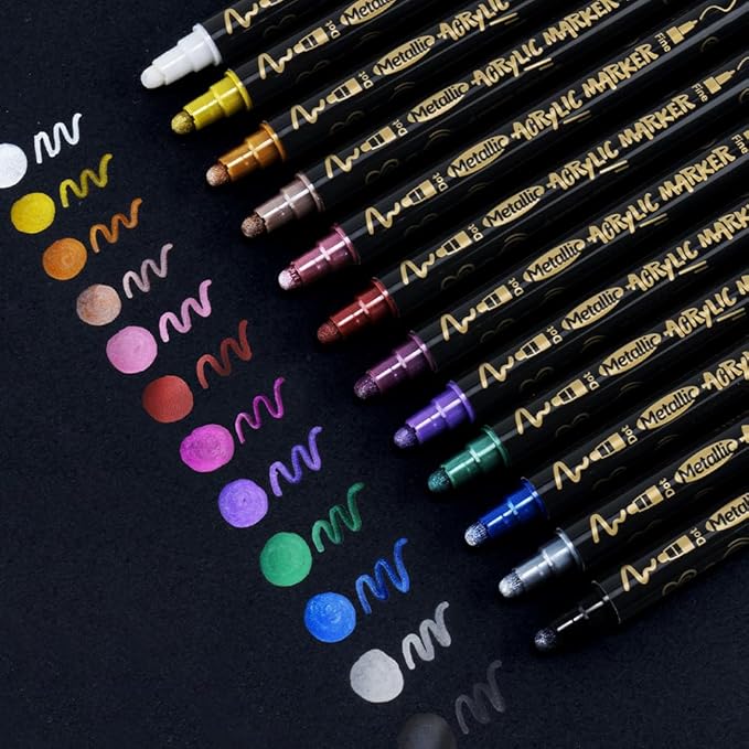 TRANSON 12Colors Metallic Paint Markers Bold and Fine Dual-tip for Rock Wood Ceramic Canvas DIY Painting Drawing