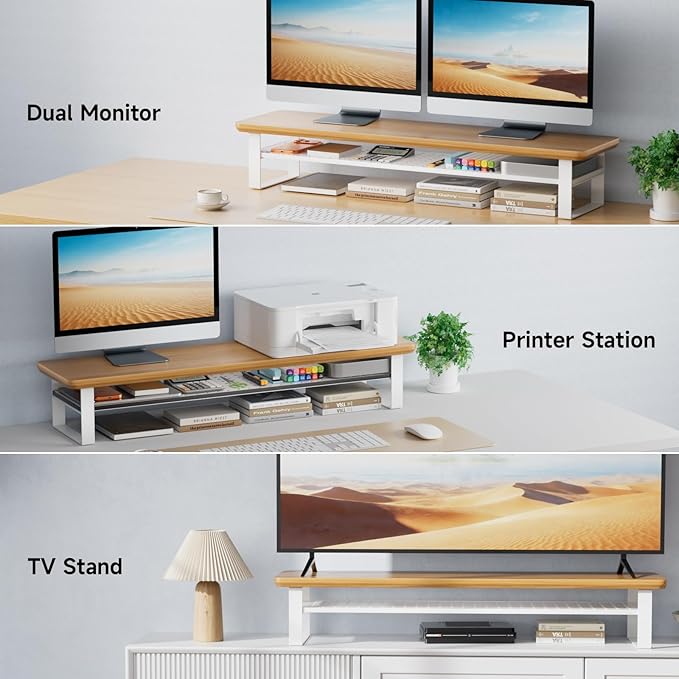 NestNeat Dual Monitor Stand, 35.4 Inch Monitor Stand Riser for 2 Monitors, 2 Tiers Wood Desk Shelf with Storage, Desktop Organizer Stand for Computer, Laptop, Printer, TV (Cherry Wood, 35.4in)