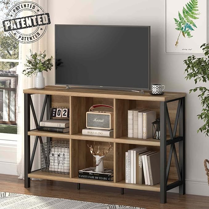 FATORRI 6 Cube Storage Organizer with Shelf, Long Wood and Metal Cubby Bookcase, Industrial Horizontal Bookshelf (Rustic Oak, 47 Inch) | with Shelf, Long, Horizontal Bookshelf