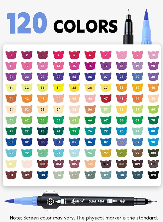 AEDAGA 120 Colors Numbered Dual Tip Brush Pens with Free App, Fine and Brush Tips Pens for Adults, Coloring Markers for Coloring Book Bullet Journaling Note Taking Planner Hand Lettering