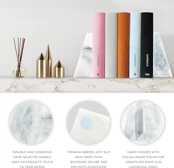 Ottimo Polished Heavy Stone Marble 6" Book Ends for Bookshelf Decor, Home, Office or Kitchen Shelves. Heavy, Triangular, and Decorative Book Stopper with Anti-Slip Pads, Great Gift Idea (White)