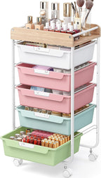 Rolling Storage Utility Cart With 5 Drawers,Craft Cart with Wheels,Makeup Organizer,Art Supply And Storage Wooden Tabletop,Rainbow