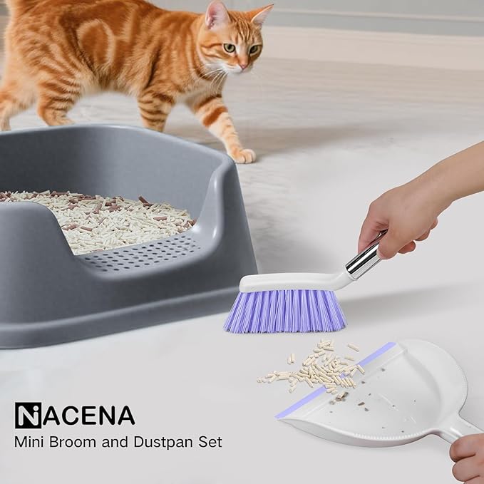 NACENA Mini Broom and Dustpan Set, Small Dust Pan and Brush Set with Handle Dustpan Teeth for Cleaning Hair Suitable for Office Desks Drawers Sofas Outdoor Camping, Light & Purple
