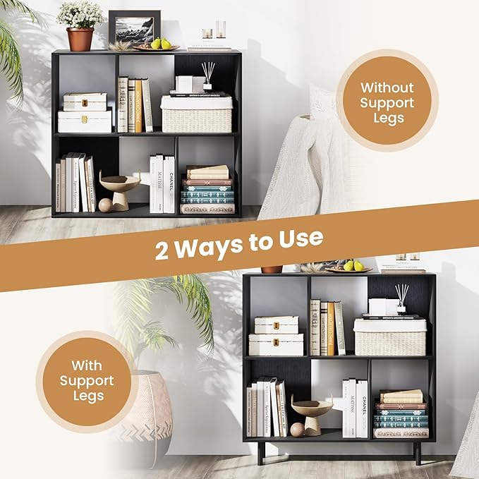 Tangkula 4 Cubby Open Bookcase, 3-Tier Freestanding Bookshelf with Detachable Metal Legs, Anti-toppling Device, Anti-Falling Baffles, Modern Cubicle Display Shelf (1,Black)