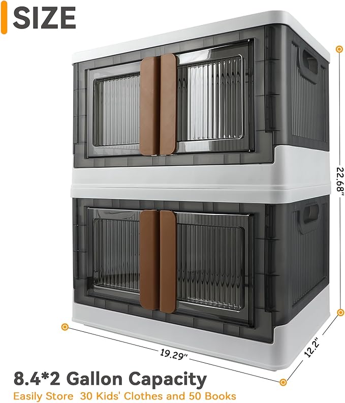AssHMKIT Storage Bin, Plastic Cabinet, 8.4 Gallon Capacity (32L Per One), 2 Pack, Collapsible Box with Lids, Foldable Drawer, Transparent, Organizers for Home and Office