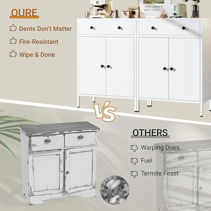 TaskStorz Metal Storage Cabinet with Drawer and Adjustable Shelf, 2-Piece Set White Steel Sideboard Buffet Cabinet, Coffee Bar Cabinet for Kitchen, Dining Room, Entryway