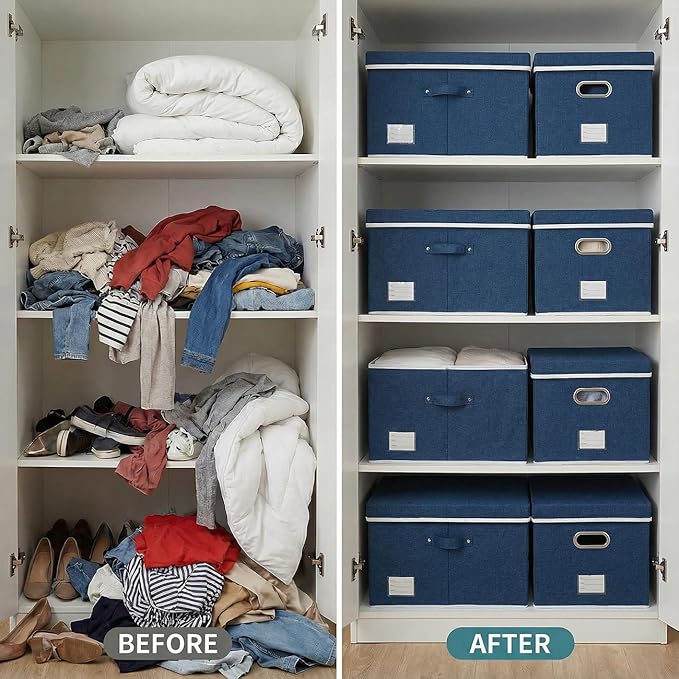 PRANDOM Storage Bins with Lids [3-Pack] Linen Fabric Foldable Storage Boxes Organizer Containers Baskets Cube with Cover for Bedroom Closet Office Royal Blue(23.4X15.9X11.4)