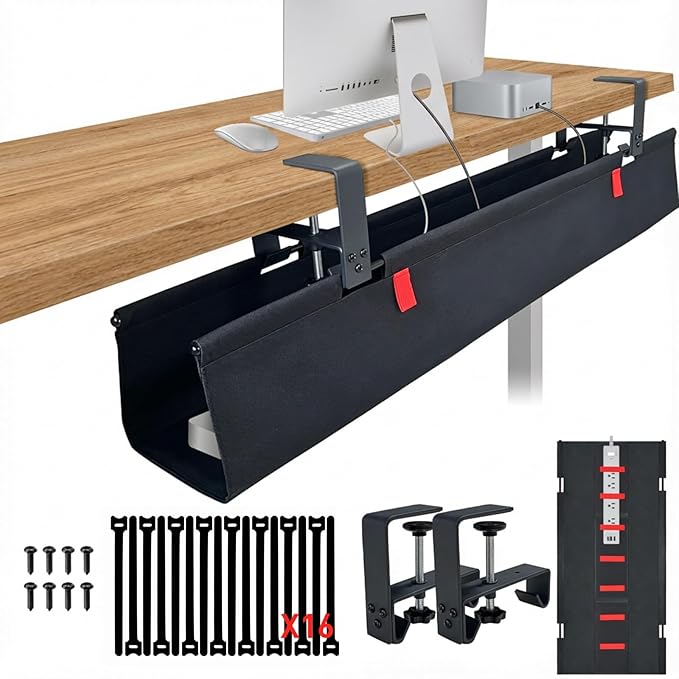AHOMO [Upgraded] Under Desk Cable Management, 48" Cord Organizer, with Silicone Pads (No Scratch!), 16 Cable Ties, Washable PE Honeycomb Base,Fits Any Desk 0-2.1", No Stinky Cardboard!Black 48"L x 6"W