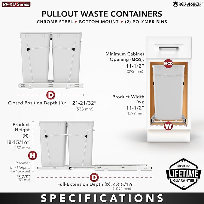 Rev-A-Shelf Pullout Trash Can for Kitchen Cabinets 27 Qt Garbage Recycling Bin with Full Extension Slide, Green/Black, RV-15KD-1918C-S
