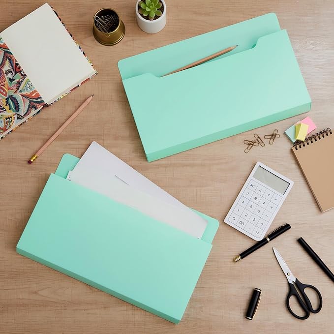 Feifeiya Magnetic Pocket File Holder Large File Folder Organizer Paper Mail Letters Holder Wall Hanging Office Supplies for Refrigerator Whiteboard Cabinets(13.8 x 8.3 Inch,Horizontal,Mint Green)