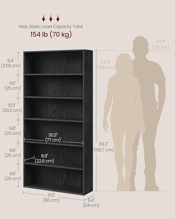 VASAGLE Custos Collection - Bookshelf, 6-Tier Bookcase, Book Shelf, Open Storage Shelf, 9.4 x 31.5 x 63.3 Inches, for Living Room, Home Office, Dining Room, Ebony Black ULBC412B01