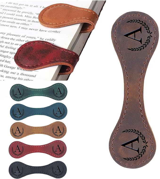 Personalized Magnetic Leather Bookmark, 26 Letters Custom Leather Bookmarks, Handmade, Leather Magnetic Bookmark for Book Lovers Readers Women Kid(Brown，A）
