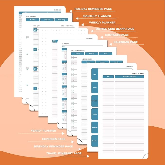IN-LUXPRO Planner 2026 Daily Weekly and Monthly,6.5"x3.75",12 Months Spiral Bound Calendar Agenda with Self-adhesive Pen Holder,2026 Appointment Book with Vegan Leather Soft Cover,Orange