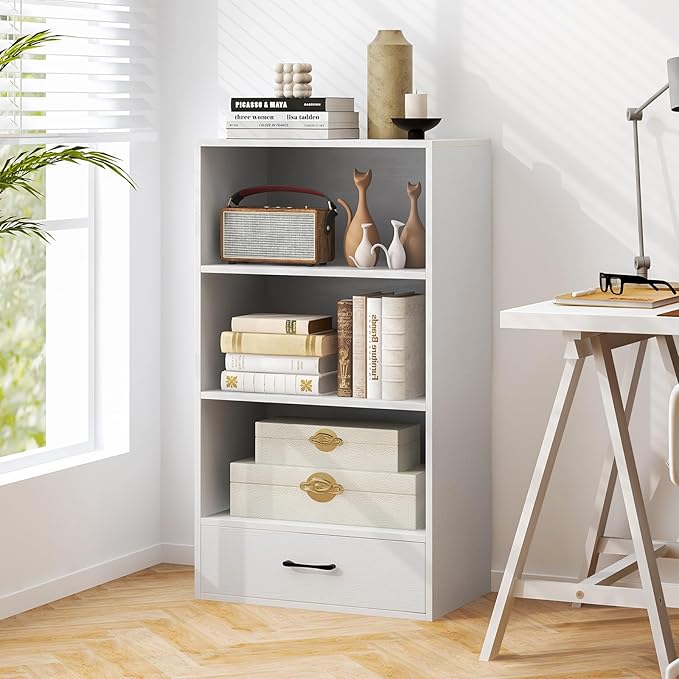 LOKO 4-Tier Bookcase with Storage Drawer, Modern Organizer Display Storage Shelves with Anti-toppling Device, Freestanding Bookshelf with 3 Open Shelves & 1 Drawer, Living Room, Study, Office (White)