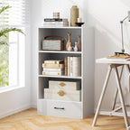 LOKO 4-Tier Bookcase with Storage Drawer, Modern Organizer Display Storage Shelves with Anti-toppling Device, Freestanding Bookshelf with 3 Open Shelves & 1 Drawer, Living Room, Study, Office (White)