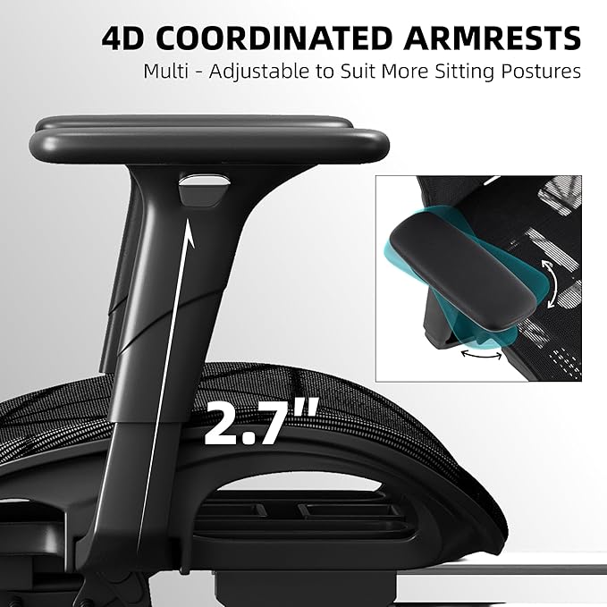 Opiesit Office Chair with 3D Adjustable Lumbar Support,Ergonomic Computer Chair,Adjustable Headrest and Armrests, 400lbs Capacity,Tilt-Swivel,Premium Mesh Desk Chair for Office,Home & Gaming (Black)