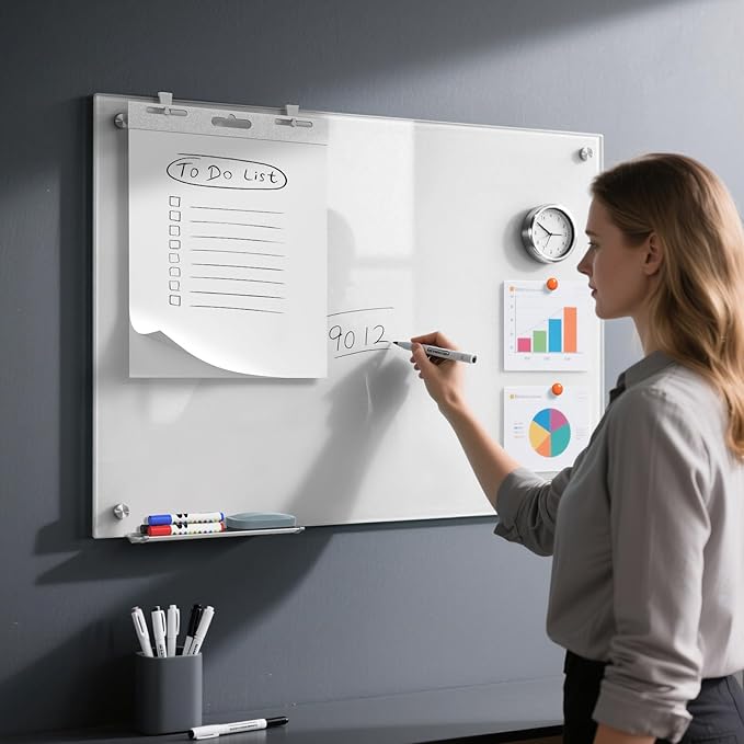 MaxGear Glass Whiteboard, Tempered Magnetic Dry Erase Board Ultra White, Frameless Wall Mounted, Office Classroom Conference Room Home Use, Includes Markers, Eraser, Magnets & Mounting Kit