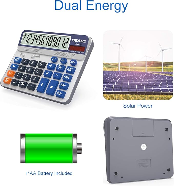 Desktop Calculator Extra Large 5-Inch LCD Display 12-Digit Big Number Accounting Calculator with Giant Response Button, Battery & Solar Powered, Perfect for Office Business Home Daily Use(OS-6815)