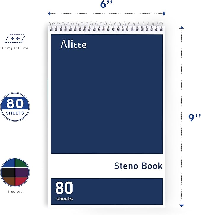 Alitte Steno Pads Spiral 6x9-12 Pack Assorted Bright Colors - Perfect for Work, School, and Home Use, Easy Tear-Off Pages, Gregg ruled, White Paper - No Ink Bleeds - 80 Sheets