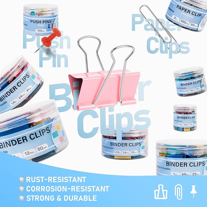 WORPSON 408 PCS Binder Clips Paper Clamps Assorted Sizes and Push Pins, Binding Paperwork Clamp Bulk, School Teachers Office Supplies (Multicolor)