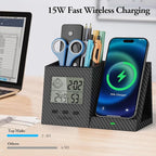 TopMade Wireless Charger with Pen Remote Holder, Multi-Functional Leather Nightstand Organizer Fast Charging Station, Digital Thermometer and Humidity Gauge, Desktop Storage (Black Carbon Fiber