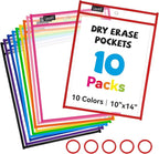 Gamenote 10 Pack Dry Erase Pockets with 5 Rings, 10 Assorted Colors 10x14 Oversized Reusable Plastic Sleeves, Clear Sheet Protectors, Teacher Supplies for Classroom Organization