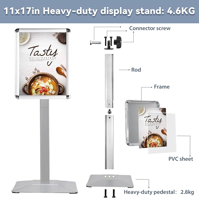 STANDNEE Heavy-duty Poster Stand Holder 11"x 17" Pedestal Floor Standing Sign Holder Vertical and Horizontal View Sign Display, Aluminum Snap Open Frame with Safety Corner, Silver (3 Packs)