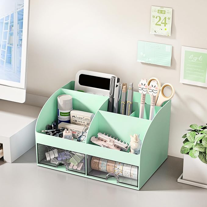 COMFYROOM Desk Organizer with 6 Compartments and 2 Drawers, Plastic Makeup Organizer, Pen Holder for Desktop Storage, Desk Organization for School, Home, Office Supplies (Mint Green)