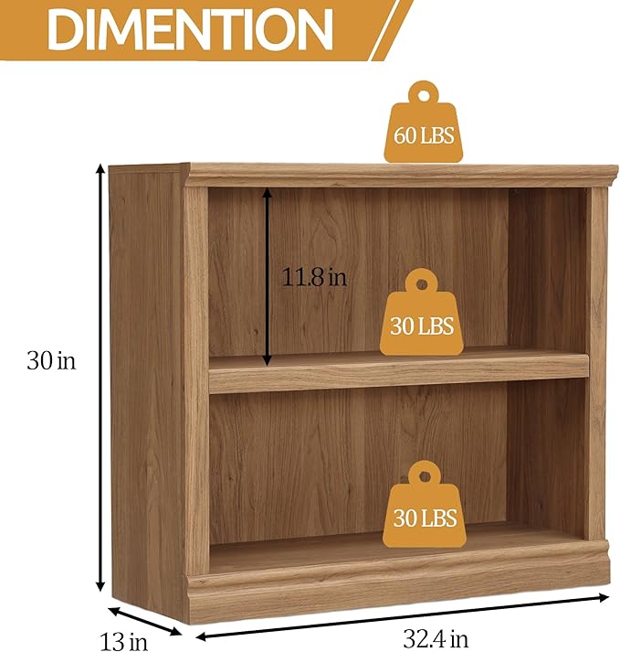 blini 2-Shelf Bookcase Wooden Bookshelves 33in Wide Floor Standing Display Storage Shelves Vintage Oak Bookcase for Home Office, Living Room, Bed Room