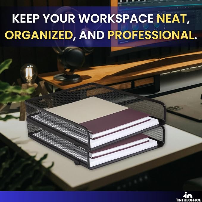 1InTheOffice Letter Trays for Desk Stackable, Front-Load Mesh Desk Tray Organizer, Black, 2 Pack