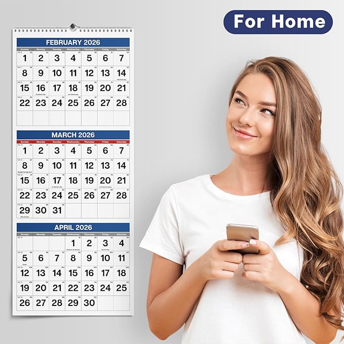 Dunwell 3-Month Wall Calendar 2026 (Blue), Large Monthly Hanging Calendar with Big Grid Numbers, Easy to Read Large Print, Use to Dec 2026, For Office or Home, 11x26 Open, Ships Folded