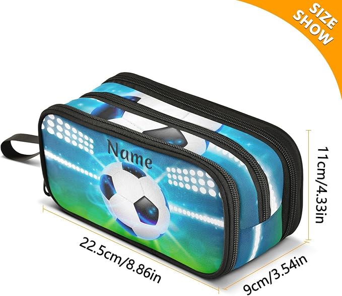 BOENLE Custom Soccer Ball on Field Pencil Case Box Boys Girls Personalized Name Large Pencil Pouch Stationery Pen Bag Organizer for Kids Adults School Office