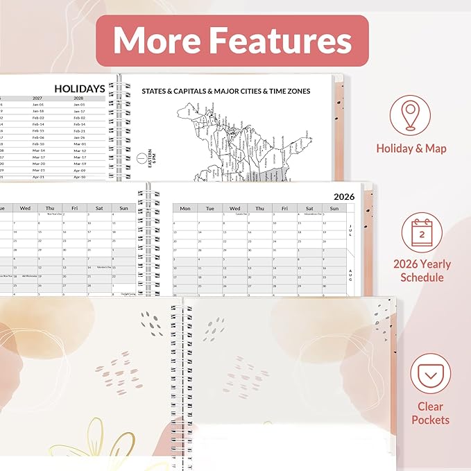 SUNEE 2026 Weekly and Monthly Planner - from January 2026 - December 2026, Daily Agenda Planner with Monthly Tab, Flexible Cover, Note Pages, Pockets, Bookmark, Spiral Binding, Pink Breeze, 8.5"x11"