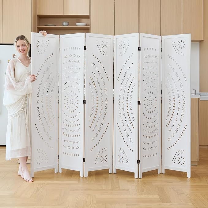 5.6 Ft Folding Room Divider, Portable Privacy Screen & Partition, No Assembly Required for Use as Cat Litter Box Cover, Clutter Hider, Room Separator, 6 Panels (White)
