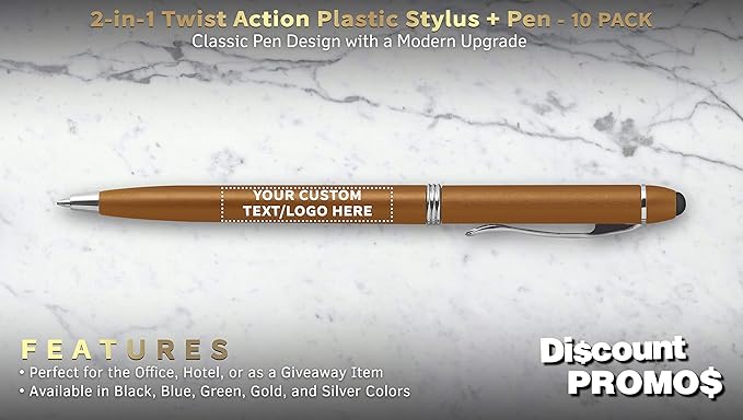 DISCOUNT PROMOS Custom Twist Action Plastic Stylus Pens, Set of 10, Personalized Bulk Pack - Pens for Work, Cool Pens for Writing, Black Ink - Gold