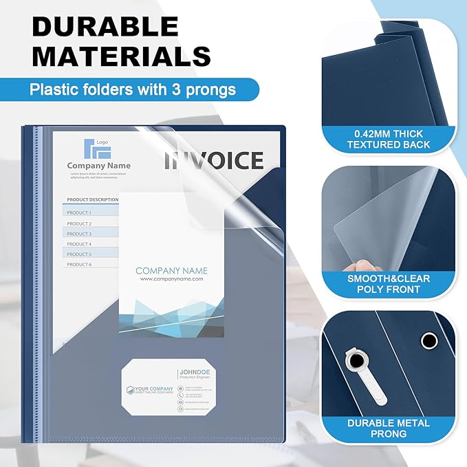 Teling 48 Pcs Clear Front Report Covers with 3 Prongs, Plastic Navy Blue Presentation Folders Bulk with 3 Pockets for A4 and Letter Size Paper, 90 Sheet Capacity, Document Covers for School Business