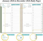 Daily Planner 2026 Full Page Per Day- 2026 Daily & Monthly Planner from January 2026 to December 2026, Day Planner 2026 with 12 Months Tabs, 6.4" x 8,5", Green