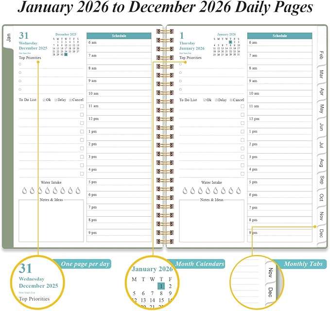 Daily Planner 2026 Full Page Per Day- 2026 Daily & Monthly Planner from January 2026 to December 2026, Day Planner 2026 with 12 Months Tabs, 6.4" x 8,5", Green