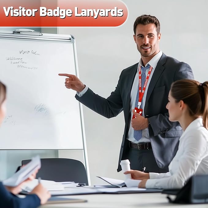 Visitor Badge Lanyards Volunteer Badge Holder with Clips (25 pcs) - Reusable Temporary ID Pass for Office, School, Events PVC Plastic Security Cards for Exhibition Guest by OSTENBIG (Red)