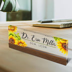Artblox Personalized Office Desk Name Plate and Business Card Holder | Clear Acrylic Glass with Teak Wood Stand | Sunflowers Design Customized with Your Name and Credentials Office Desk Decor