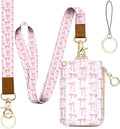 bolimoss Cute Pink Bow Lanyard Wallet, 2-in-1 ID Badge Holder & Leather Credit Card Holders, Women Zippered Coin Pouch with Removable Wristlet & Neck Lanyard, Clear Window, 5 Card Slots, Ring Keychain